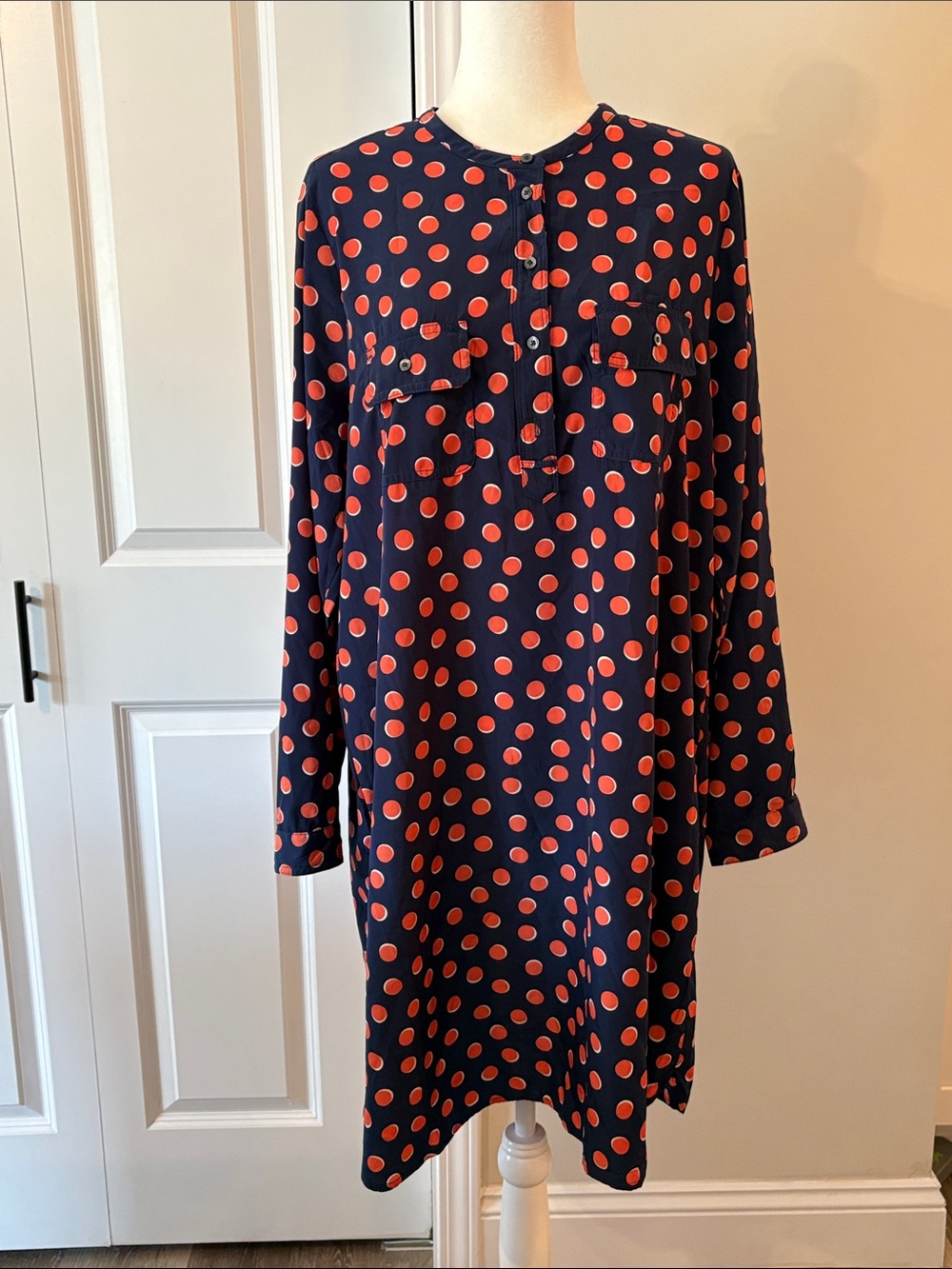 GAP Navy w/Coral Polka Dots, Long Sleeve, Button Mandarin Collar, Shirt Dress XL